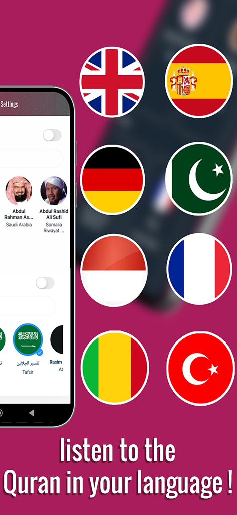 Quran Qat Pro - Muslim - Quran Qat Pro app interface showing world flags for various audio translation languages