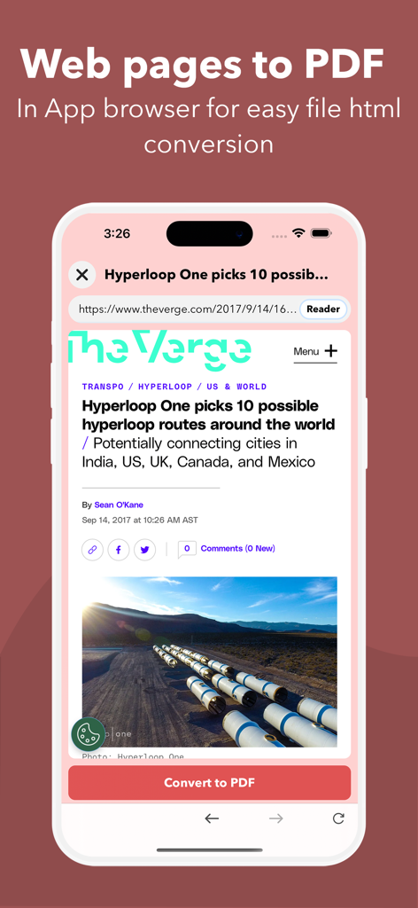 PDF it All Document Converter - Oberfläche der PDF it All App, die zeigt, wie eine Webseite über einen In-App-Browser in ein PDF-Dokument konvertiert wird