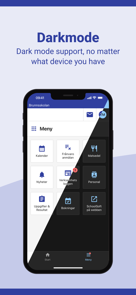 SchoolSoft Elev app menu showing a split screen of dark mode and light mode interfaces