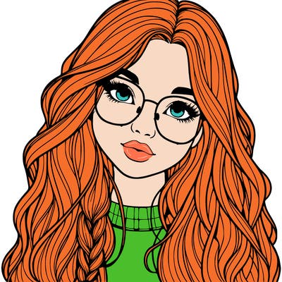 girl with long hair and freckles and glasses realistic