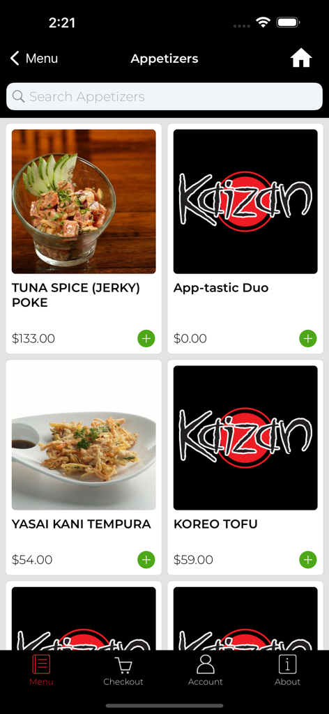 Kaizan Sushi - A mobile screen showing the Kaizan Sushi appetizer menu with various food items such as poke and tempura