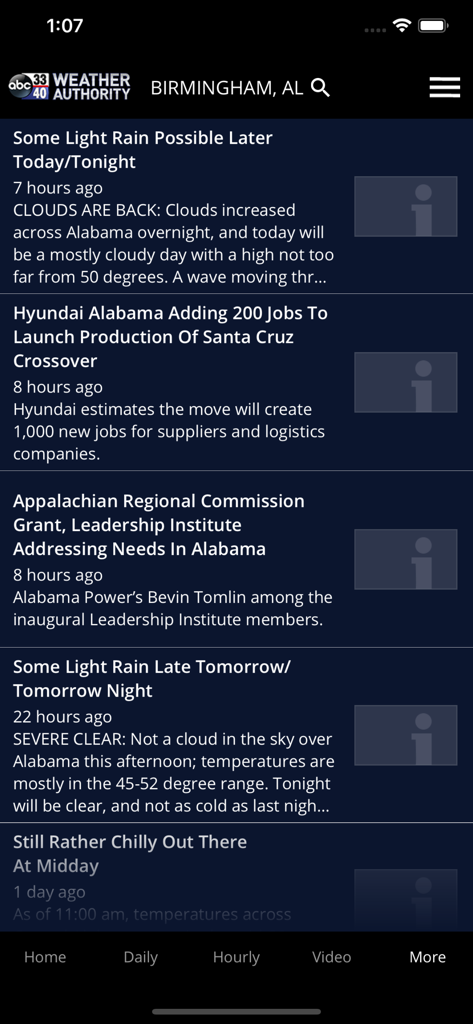 3340 Weather - A screenshot of the ABC 33/40 Weather app news feed showing local weather updates and news for Birmingham Alabama