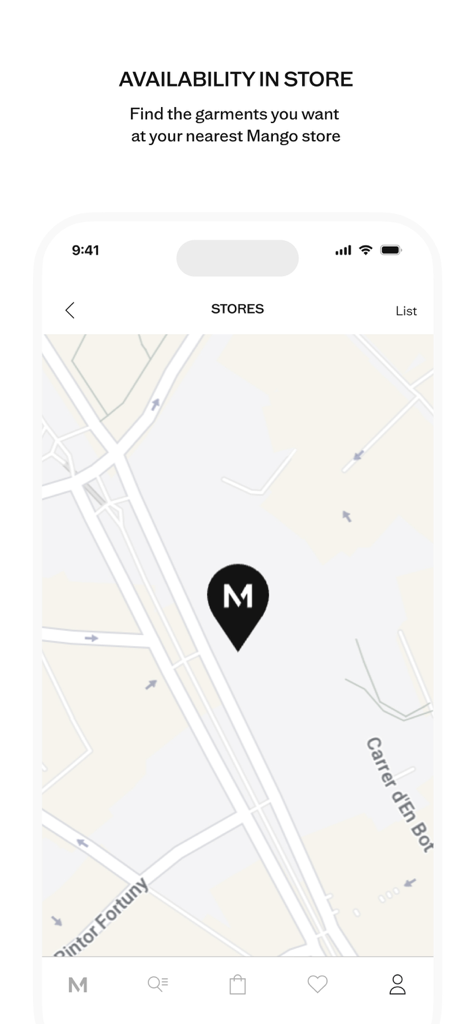 Mango Fashion App Store-Locator-Funktion zeigt eine Standortkarte an