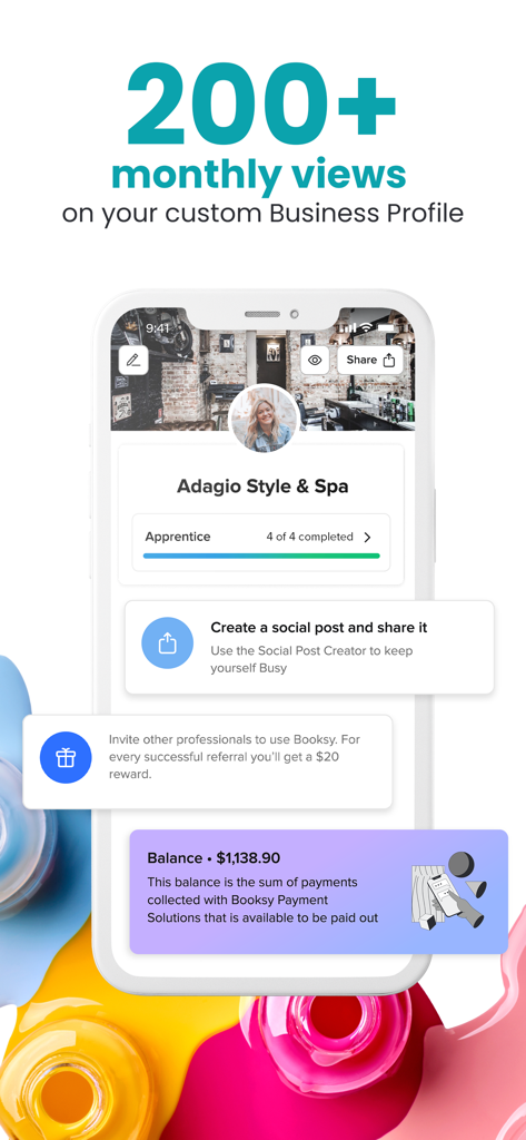 Booksy Biz app screenshot showing business profile views and payment balance for a hair and spa professional.