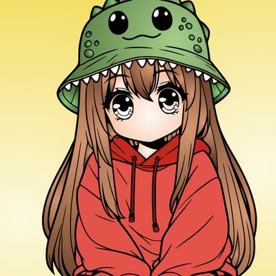 girl with anime shaped eyes with a dinosaur bucket hat oversized sweatshirt long straight hair
