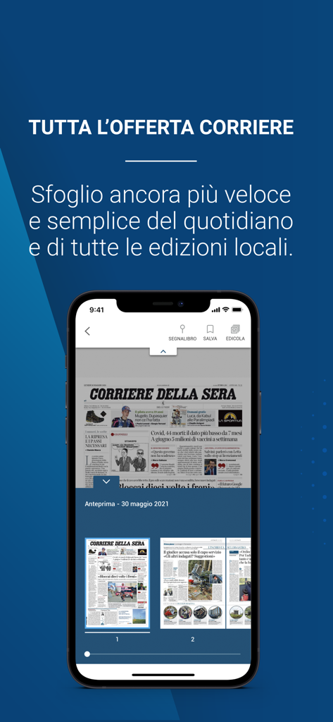 Smartphone exibindo a edição digital do jornal Corriere della Sera para navegação móvel.