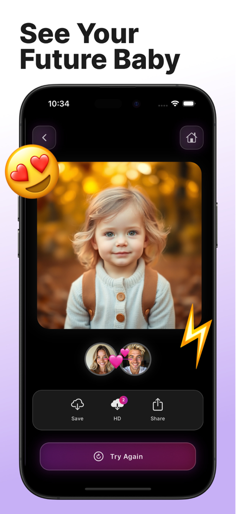 Interface de smartphone affichant un enfant réaliste généré par IA basé sur les photos d'un couple