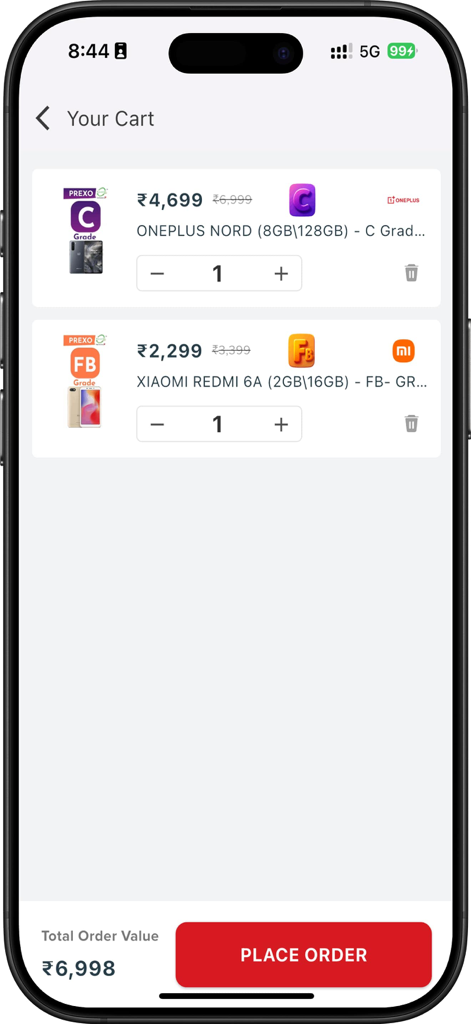 DD App B2R - DD App B2R mobile app shopping cart screen displaying refurbished OnePlus and Xiaomi smartphones with total order value