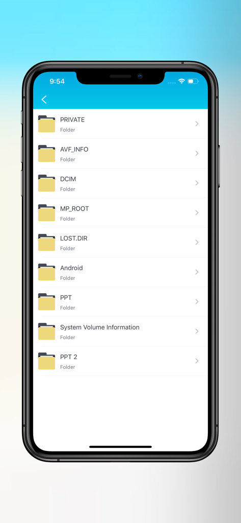 Interface of the ezShare Lite plus app showing a list of folders like DCIM and PRIVATE from a Wi-Fi SD card.