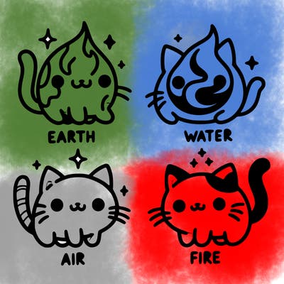 4 cats that represent the different elements, earth, water, air, and fire