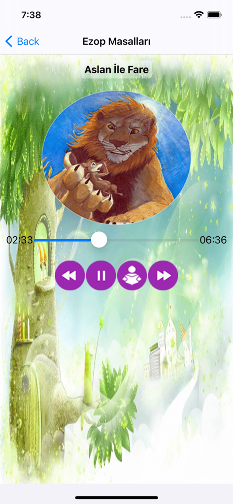 Audio player interface of a Turkish children app showing the story The Lion and the Mouse from Aesop Fables