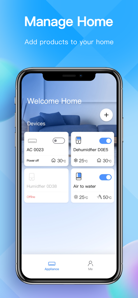 Tableau de bord de l'application NetHome Plus montrant la gestion des appareils domestiques intelligents pour la climatisation et les déshumidificateurs