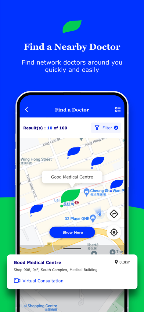 MyCigna HK app screen showing a map interface to find nearby network doctors and medical centers