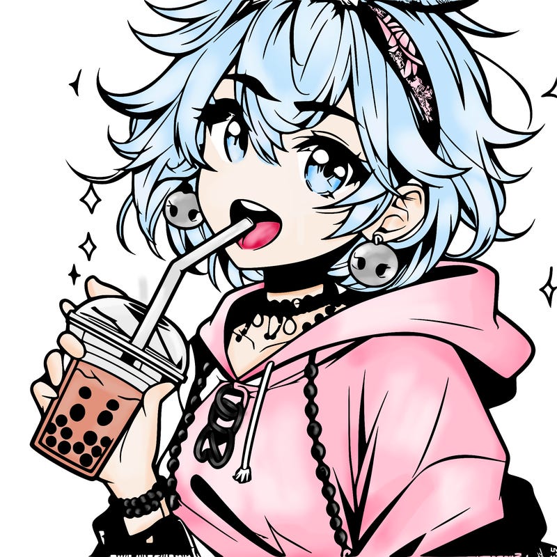 hot baddie anime girl drinking boba and biting the straw