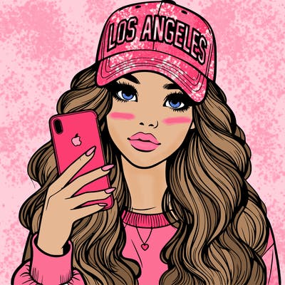 realistic beautiful girl wearing los ángeles cap holding an iphone