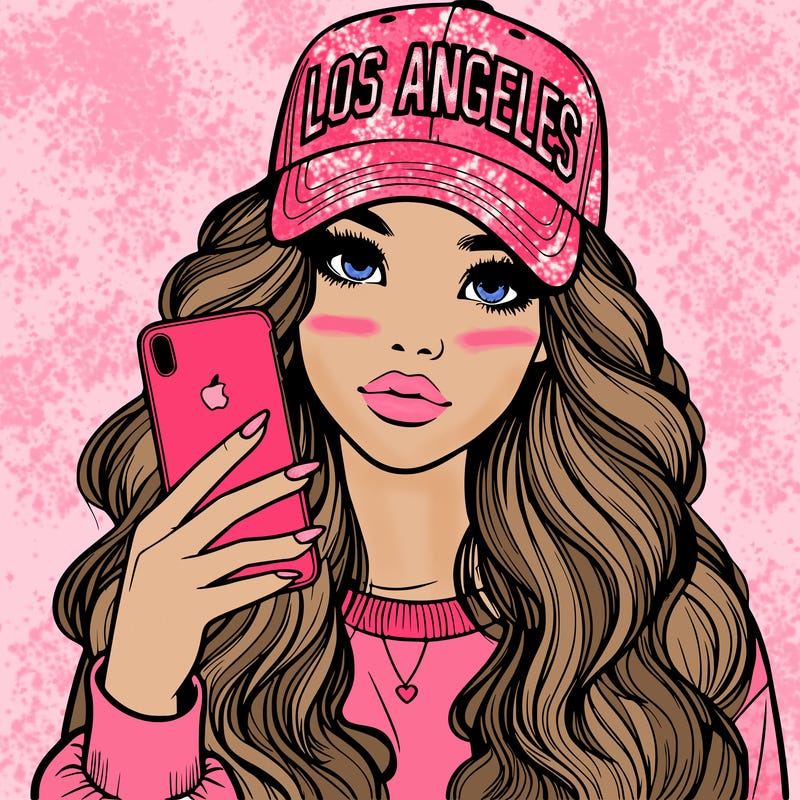 realistic beautiful girl wearing los ángeles cap holding an iphone