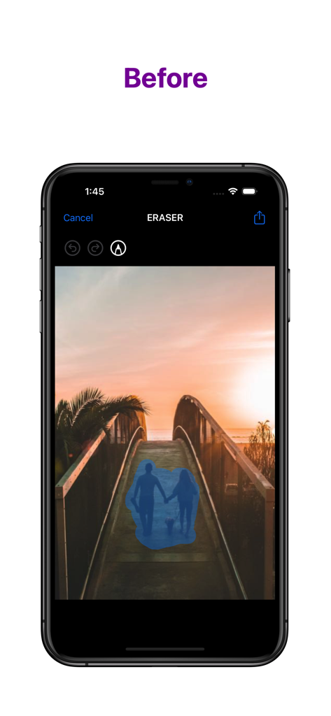 Eraser - AI Object Remover App - The Eraser app interface showing a blue mask over people on a bridge for AI removal