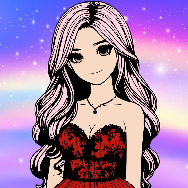 realistic girl with long hair and pretty prom dress