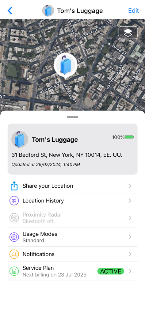 Interface do aplicativo GEGO exibindo a localização GPS em tempo real e o status da bateria de uma mala em um mapa.
