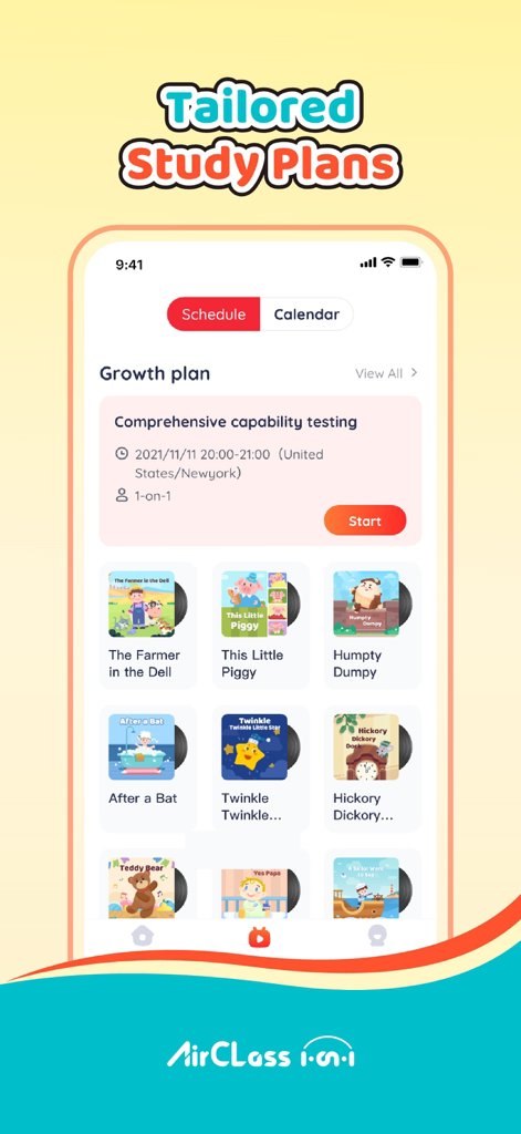 AirClass Online 1-on-1 - AirClass app interface showing a tailored study plan dashboard with a scheduled growth plan and various interactive children lessons