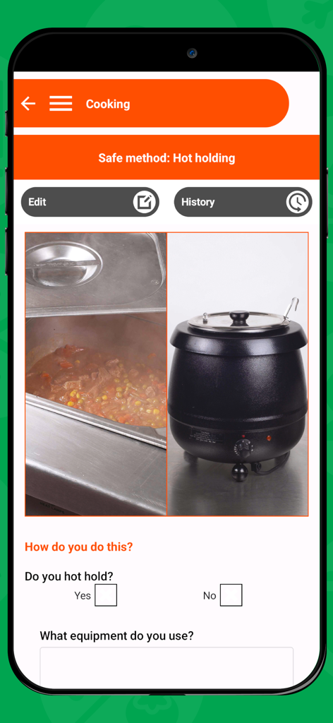 SFBB+ - SFBB plus mobile app screen for documenting hot holding food safety procedures and equipment