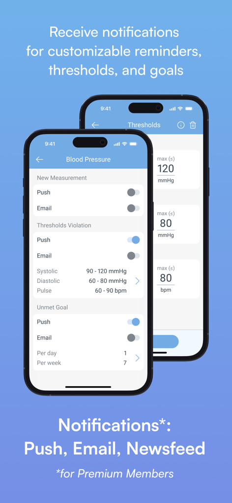 Captura de pantalla que muestra la configuración de notificaciones para recordatorios de presión arterial y umbrales en la aplicación MedM