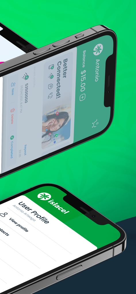 Islacel app interface on iPhone showing user profile and balance