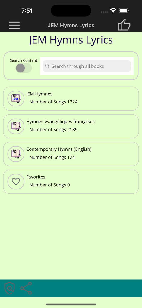 Main menu of JEM Hymns Lyrics app with songbook categories and search bar