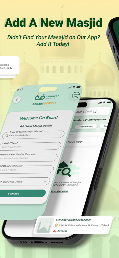 CMZ (ConnectMazjid) - Events - ConnectMazjid app interface showing a form to add a new masjid to the directory including address and contact details