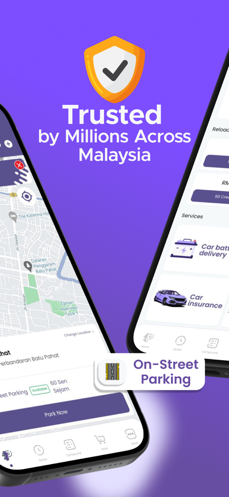 Pantallas de la aplicación móvil JomParking mostrando mapas de estacionamiento y servicios de gestión de vehículos en Malasia