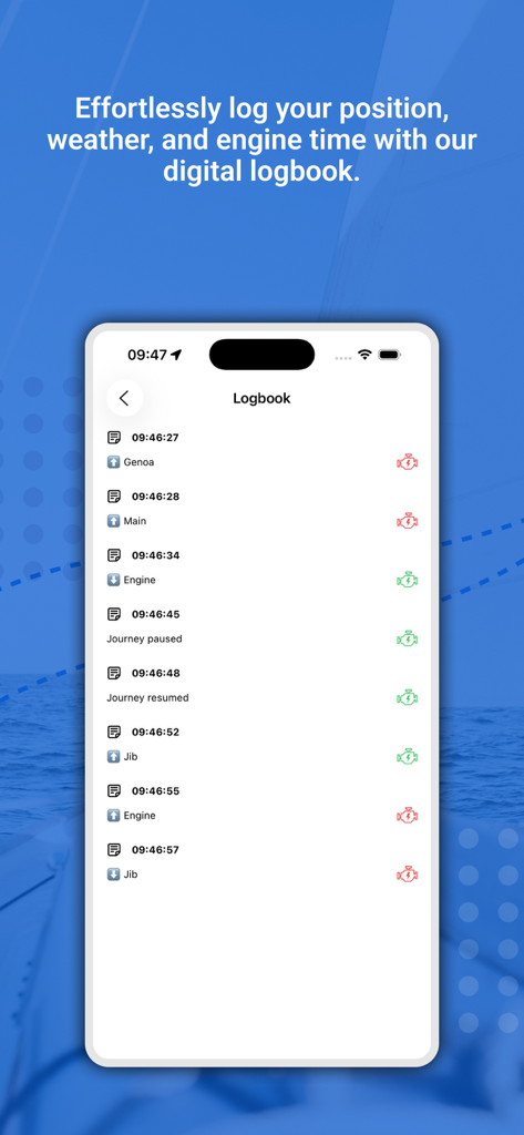 Boat Logbook & GPS Tracker - Une interface de journal de bord numérique affichant des journaux horaires automatisés pour les manœuvres de voile et l'état du moteur