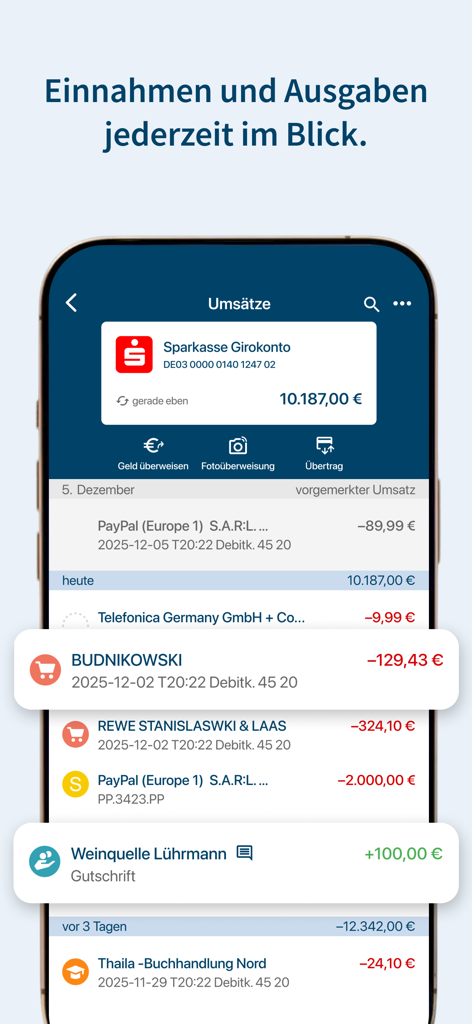 Ein Handybildschirm, der die StarMoney-App mit einer detaillierten Liste aktueller Einnahmen und Ausgaben von einem Bankkonto anzeigt