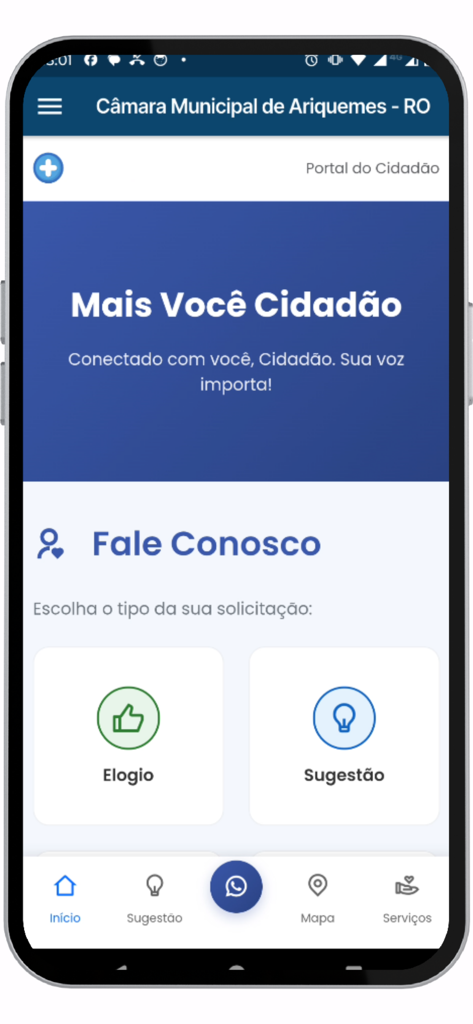 Câmara de Ariquemes +você - Tela inicial do aplicativo Camara de Ariquemes Mais Voce mostrando opções de feedback do cidadão para elogios e sugestões