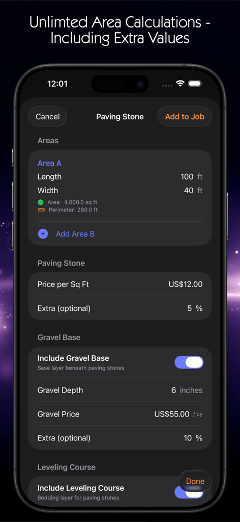 Paving Estimator - iPhone interface of Paving Estimator app showing area dimensions, price per square foot, and gravel base calculation settings in dark mode.