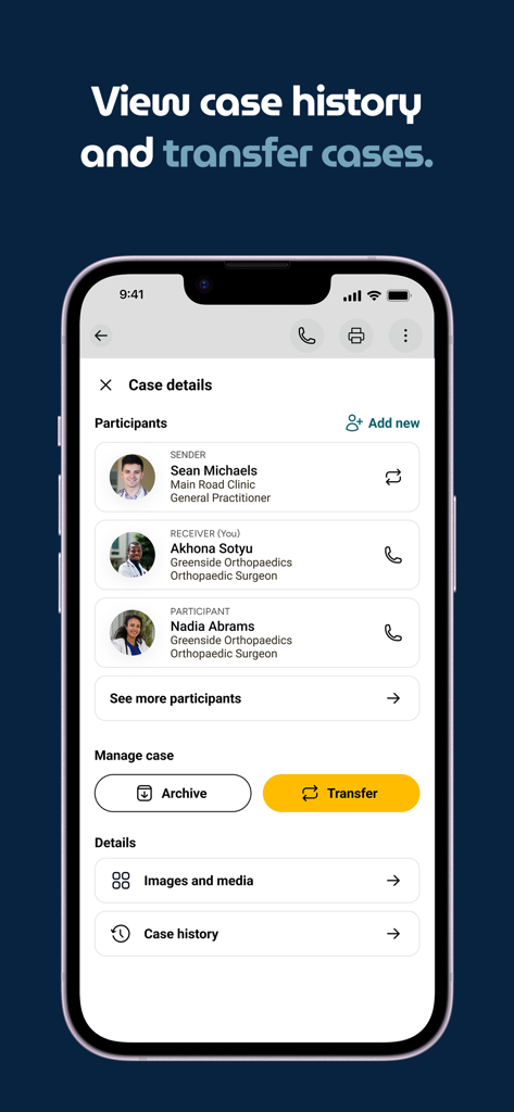 Vula Medical Referral - Pantalla de la aplicación Vula Medical Referral que muestra los detalles del caso, los participantes y las opciones para transferir o archivar casos clínicos.