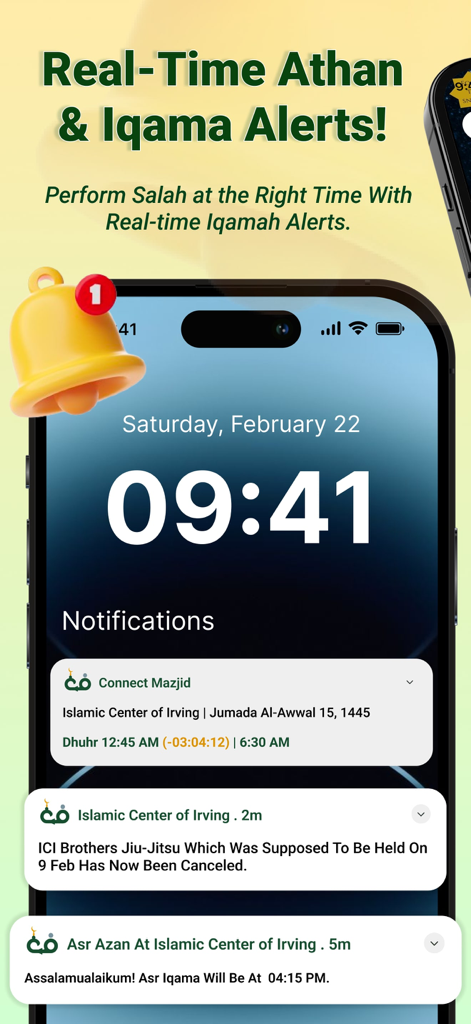 CMZ (ConnectMazjid) - Events - iPhone screen displaying real-time Athan and Iqama prayer notifications and mosque event updates from the ConnectMazjid app.