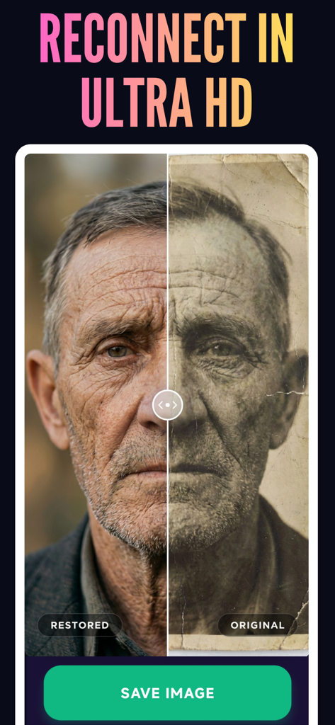 Revive AI: Restore Old Photos - A before and after comparison showing a faded vintage portrait of an elderly man restored to ultra high definition
