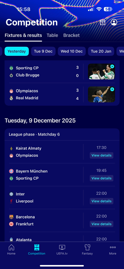 Champions League Official - Champions League official app screen displaying soccer match fixtures and recent scores