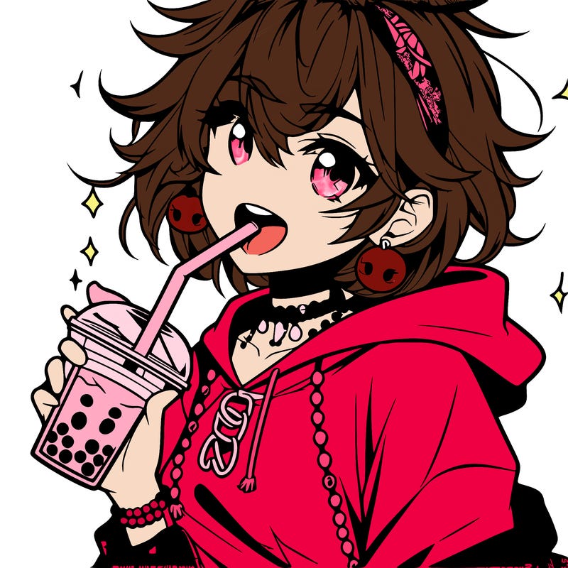 hot baddie anime girl drinking boba and biting the straw