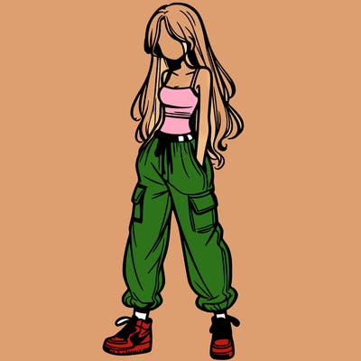 girl in baggy pants crop top and long hair