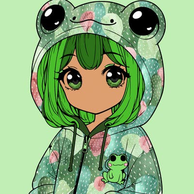 cute realistic girl in a froggy hoodie
