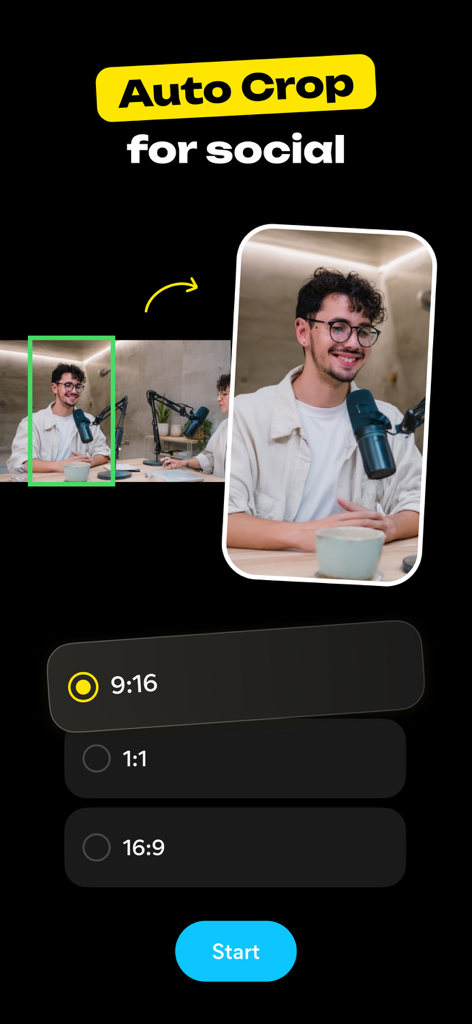 ReelsやTikTokのようなソーシャルメディアフォーマットのAI自動クロップ機能を実演するLiroアプリ画面
