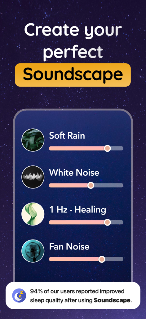 Una interfaz de aplicación móvil titulada Crea tu Soundscape perfecto que muestra controles deslizantes de volumen ajustables para Lluvia Suave, Ruido Blanco, Frecuencias Curativas y Ruido de Ventilador sobre un fondo estrellado.