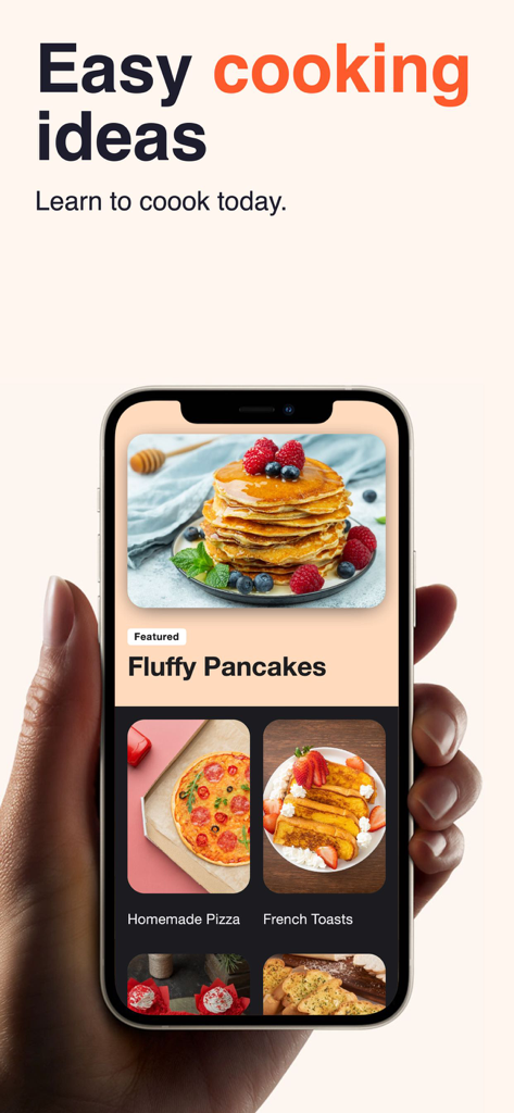 Easy Meal Ideas -Recipe Find - Pantalla de teléfono móvil que muestra la aplicación Ideas Fáciles de Comidas con recetas de panqueques esponjosos, pizza casera y tostadas francesas