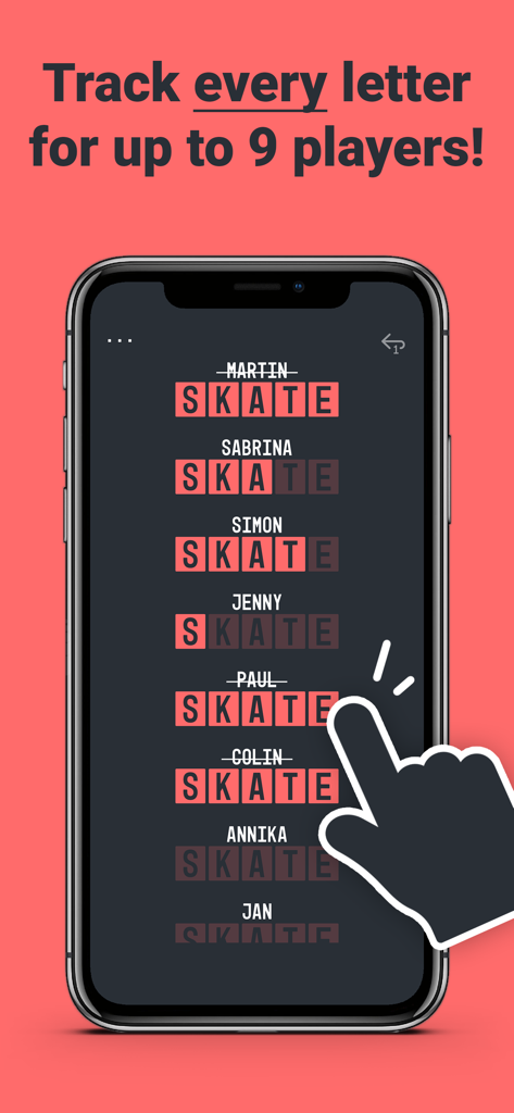Game of SKATE or ANYTHING - Una interfaz de aplicación móvil que rastrea las letras de SKATE para hasta nueve jugadores con un icono de mano tocando para agregar una letra.