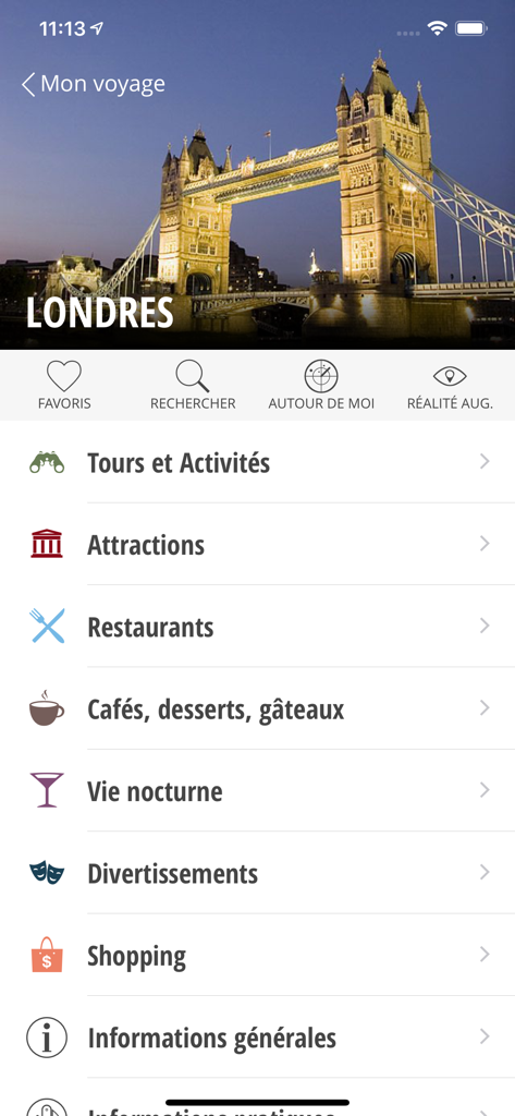 Guide de voyages SELECTOUR - Mobile App-Screenshot des Selectour Reiseführers mit Tourismuskategorien für London wie Touren, Restaurants und Shopping.