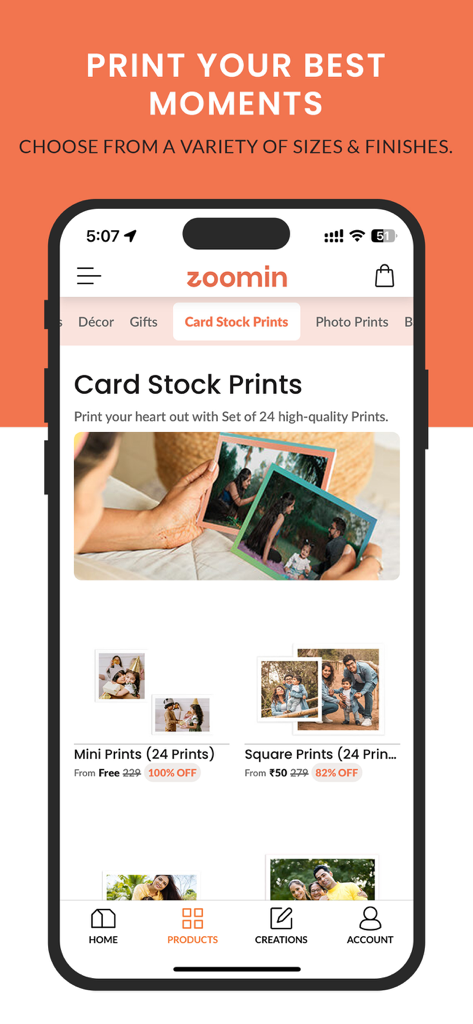 Zoomin: Shop Photobook & Gifts - Zoomin app interface showing card stock photo printing options including mini and square prints