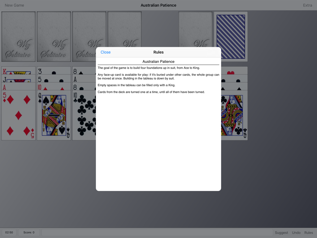 Wiz Solitaire - Reglas del juego de Australian Patience en la aplicación Wiz Solitaire para iPad
