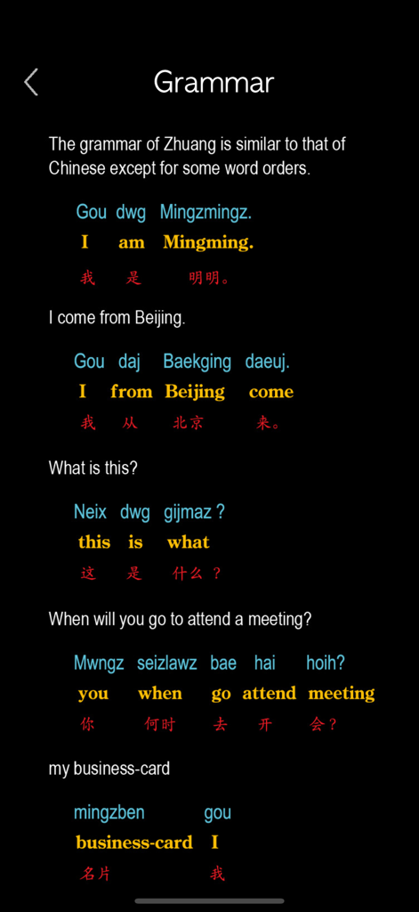 Captura de pantalla de la sección de gramática en la aplicación Learn Zhuang Language mostrando comparaciones de oraciones en Zhuang, inglés y chino