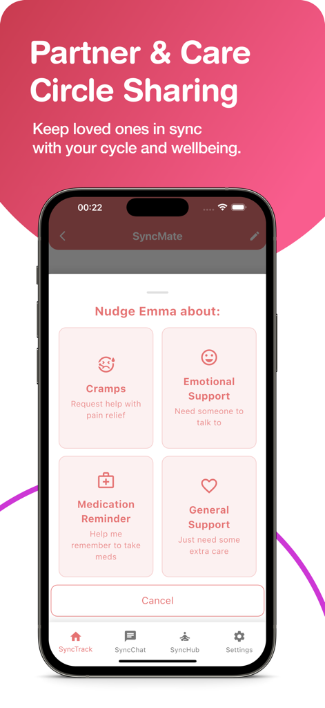 Pantalla de la aplicación HerSync que muestra la función SyncMate para compartir actualizaciones del ciclo y solicitudes de apoyo con parejas